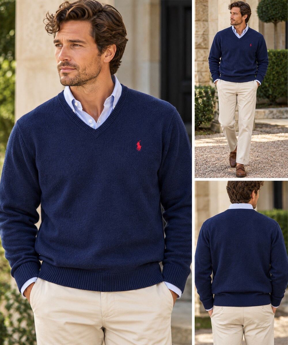 Polo Ralph Lauren Lambswool Sweater Mens XXL Navy V Neck Red Pony Italian Yarn